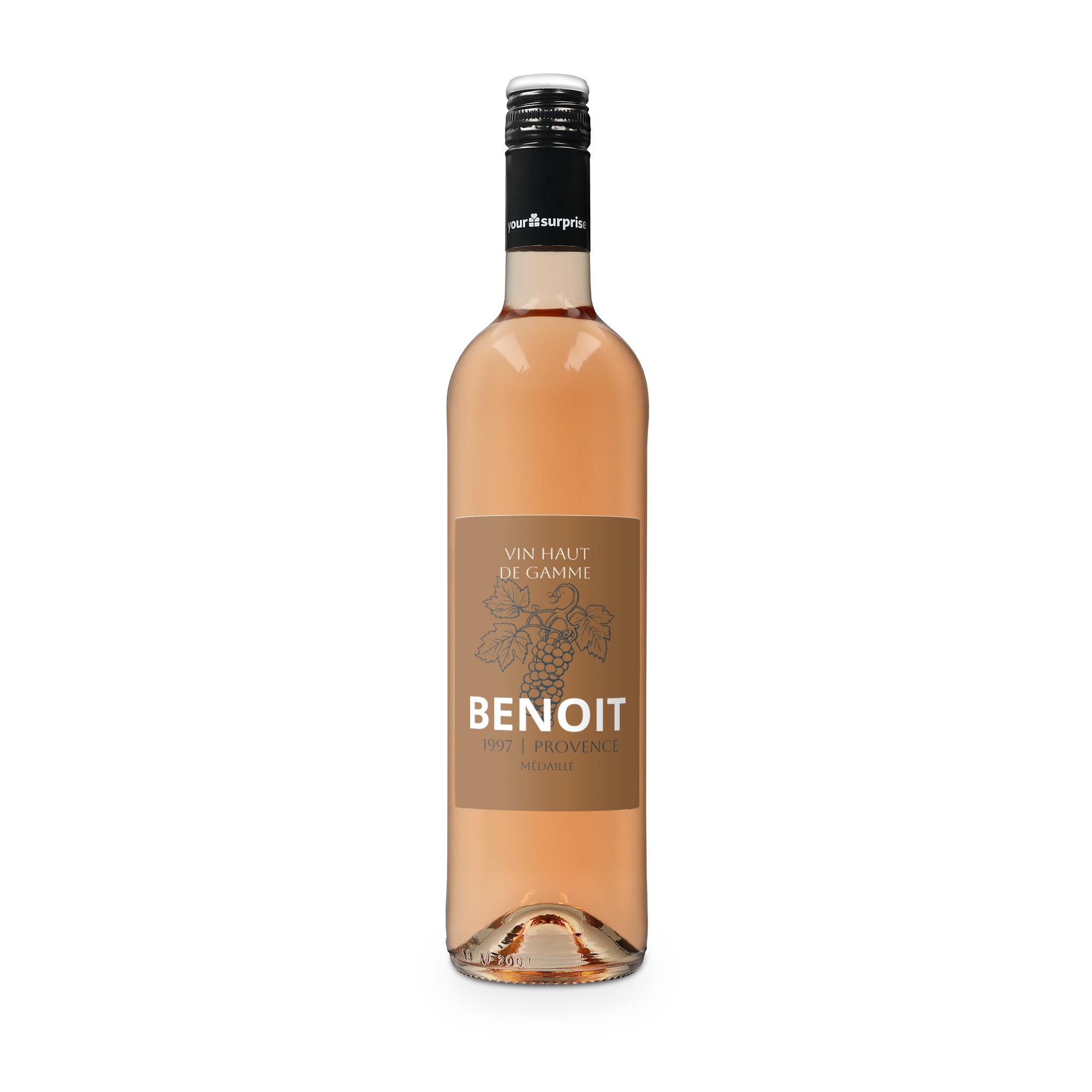 Bouteille de vin rosé Maison de la Surprise Syrah avec étiquette personnalisée Benoît 1997 Provence