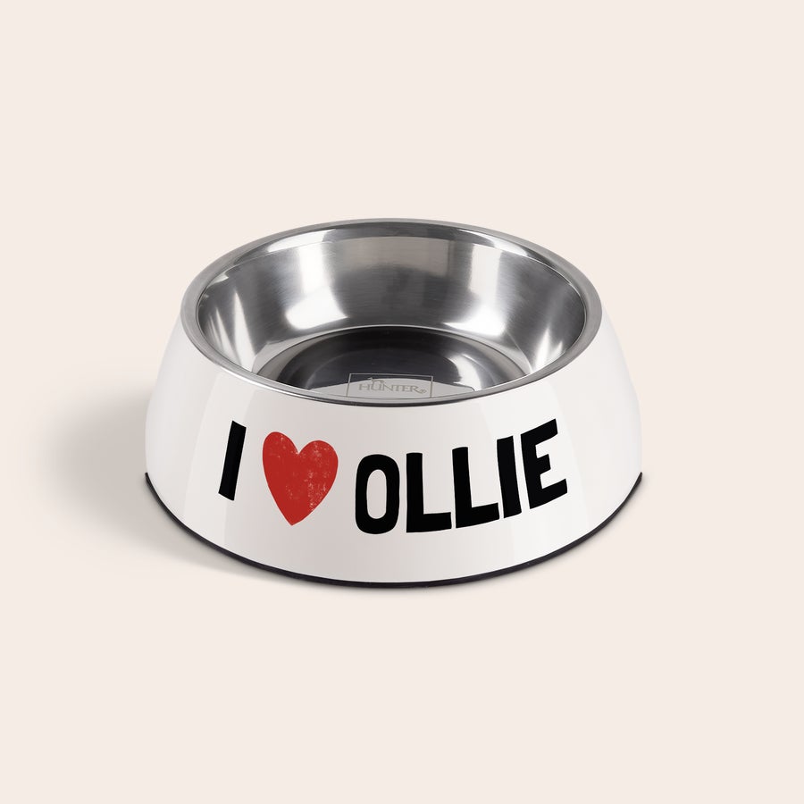 Posoda za hranjenje psov Bela personalizirana skleda za hrano s kovinsko notranjostjo, potiskana z rdečim srcem in imenom Ollie