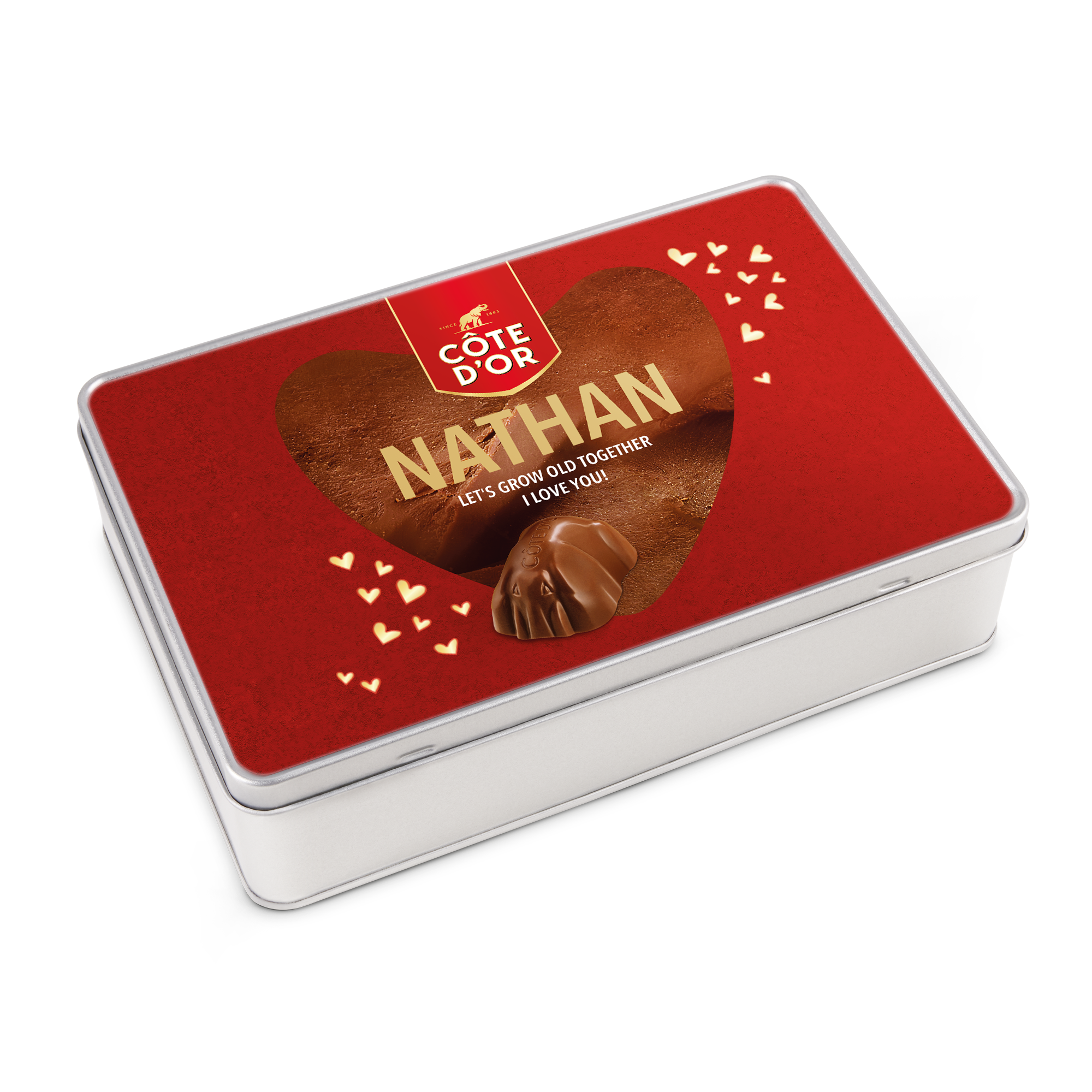 Lata de regalo personalizada con chocolates Côte d'Or Mini Bouchée, diseño de corazón con nombre "Nathan" impreso.
