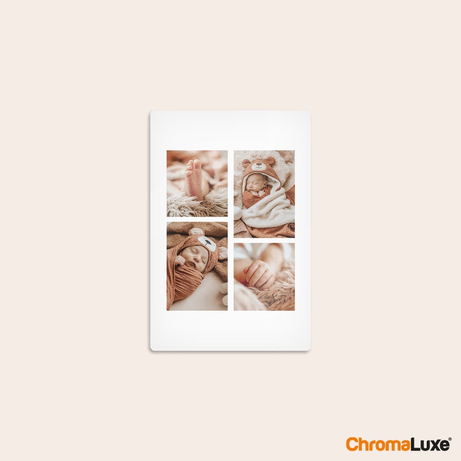 Foto auf Alu Fototafel aus Aluminium, bedruckt mit vier Fotos eines Babys zum Verschenken als personalisiertes Fotogeschenk