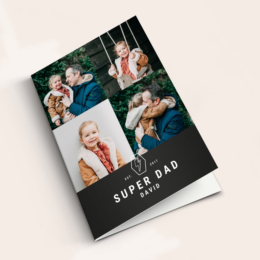 Felicitare personalizată de Ziua Tatălui Carte foto personalizată cu colaj de imagini și textul "Super Dad David", ideală de Ziua Tatălui