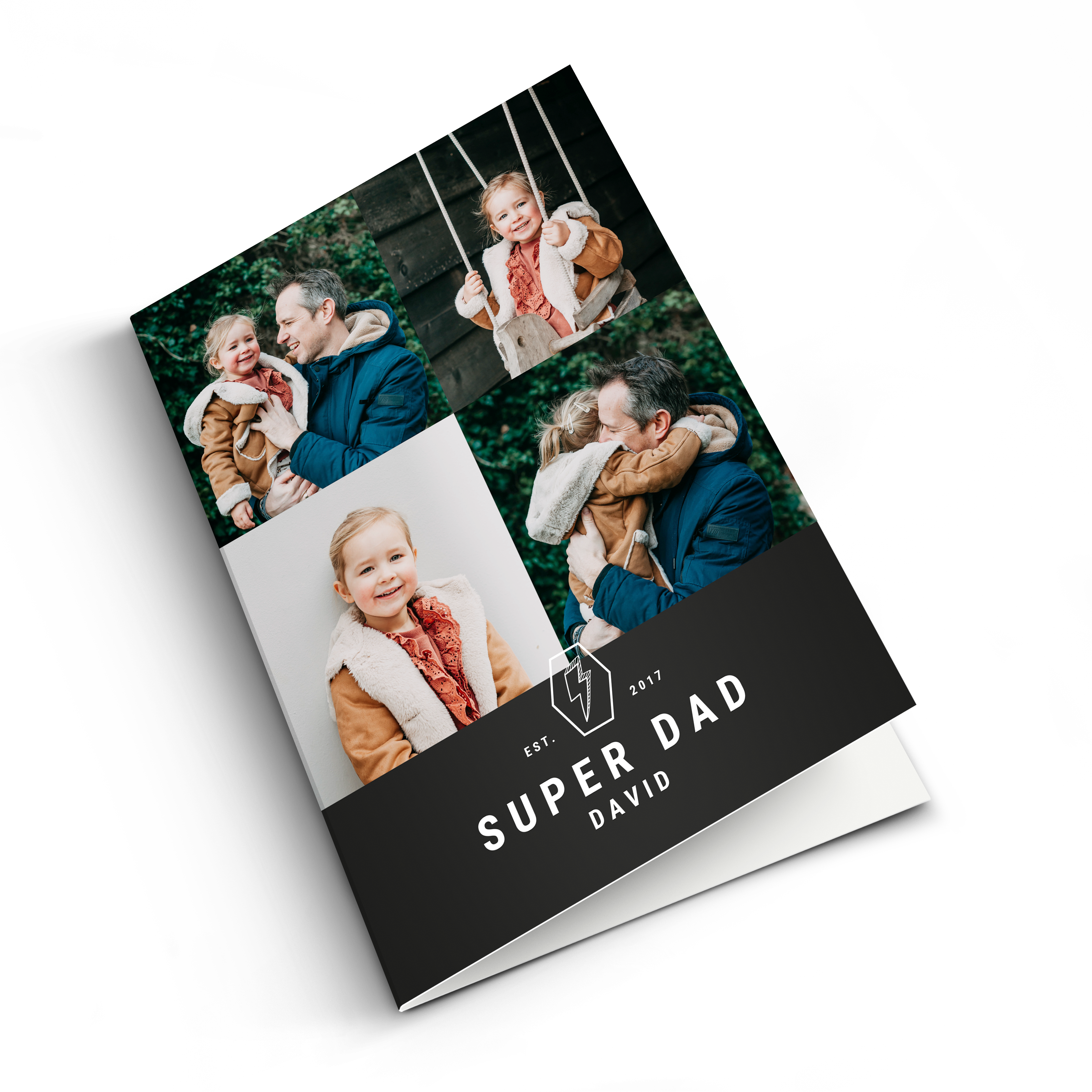 Personalizovaná fotografická karta Deň otcov s textom Super Dad David a vlastnými fotkami