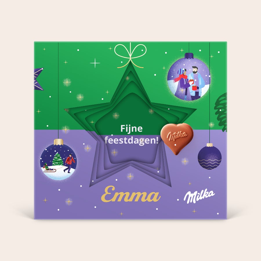 Milka 3D giftbox - Kerstmis Milka 3D giftbox - Kerstmis met persoonlijke naam Emma en de tekst Fijne feestdagen.