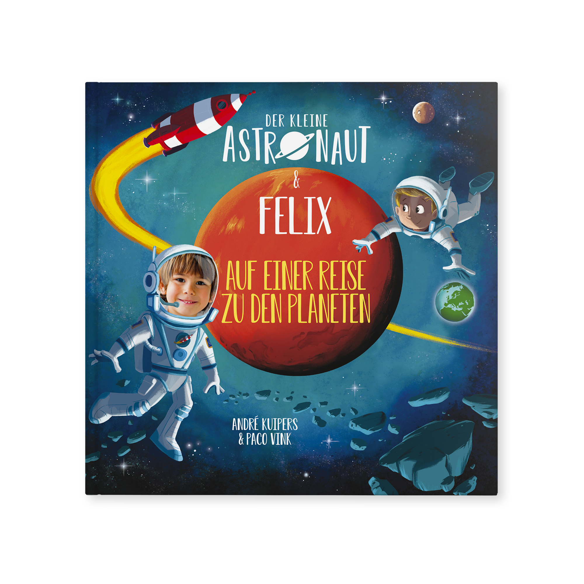 Personalisierbares Buch "Der kleine Astronaut und Name auf einer Reise zu den Planeten – Hardcover" mit gedrucktem Namen Felix.