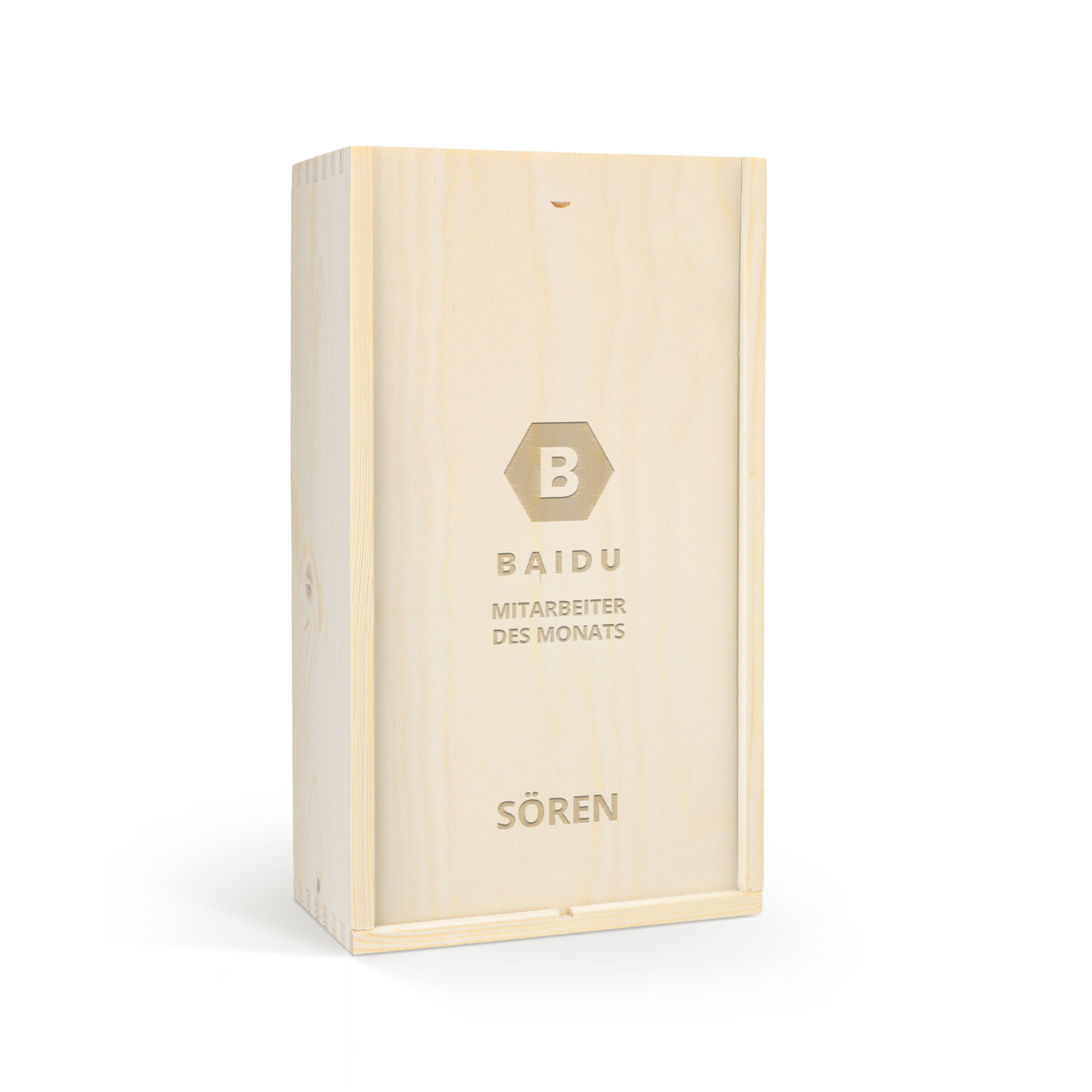 Gin Tonic Set mit Bobby's Gin in einer Holzgeschenkbox mit Gravur BAIDU MITARBEITER DES MONATS SÖREN auf dem Schiebedeckel