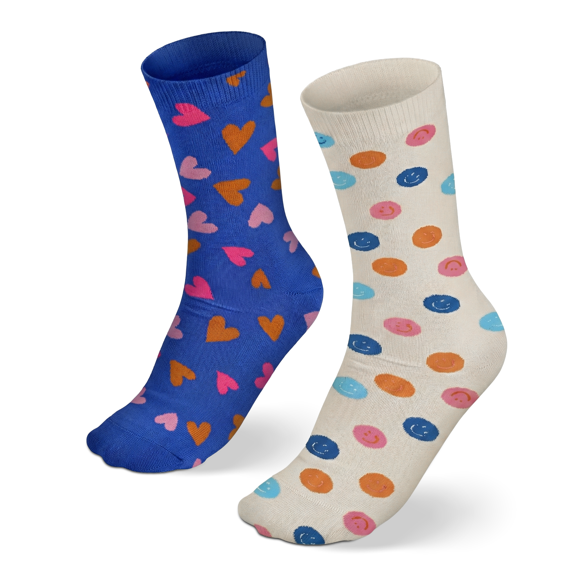 Coffret cadeau de chaussettes personnalisé – 2 paires de chaussettes – 43/46. Une chaussette bleue à cœurs, une chaussette blanche à smileys.