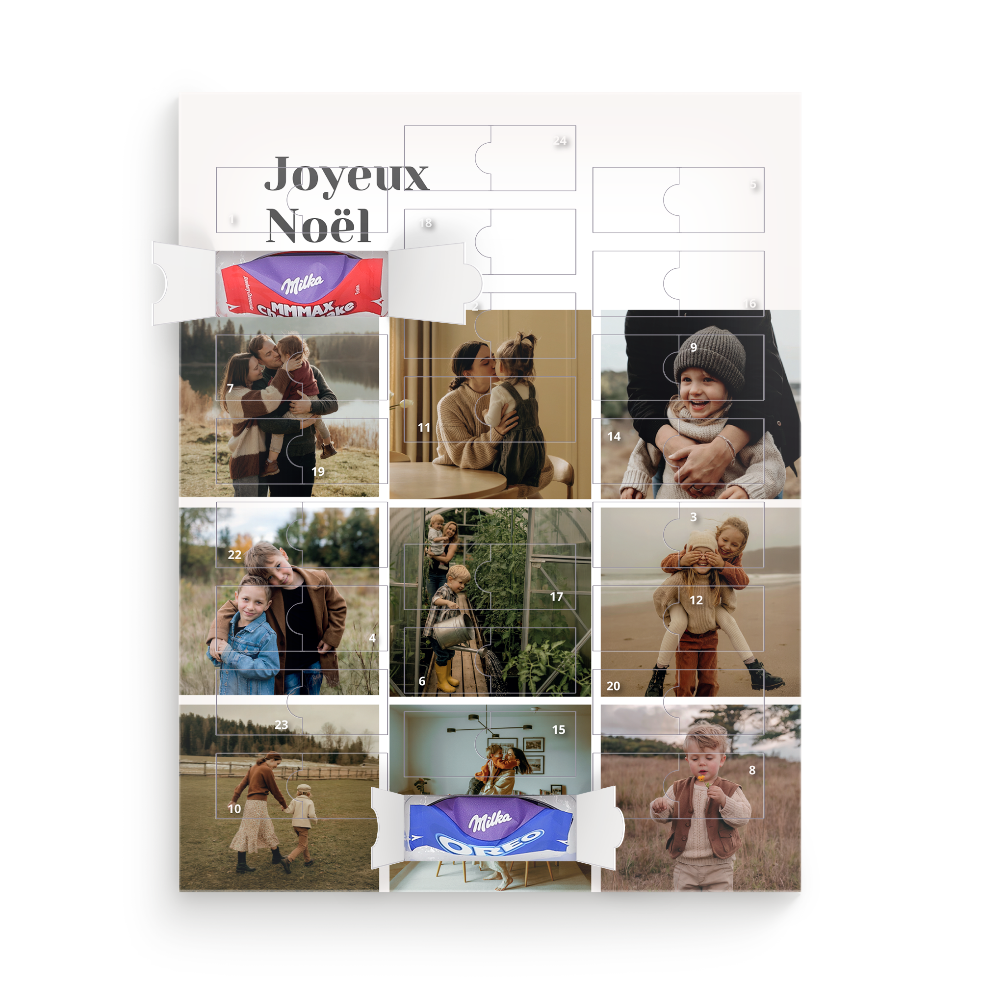 Calendrier de l'Avent personnalisé Joyeux Noël imprimé avec des photos de famille et des chocolats Milka