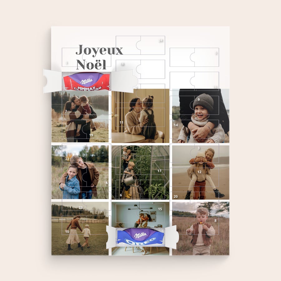 Calendrier de l'avent Milka 2025 Calendrier de l'Avent personnalisé Joyeux Noël imprimé avec des photos de famille et des chocolats Milka