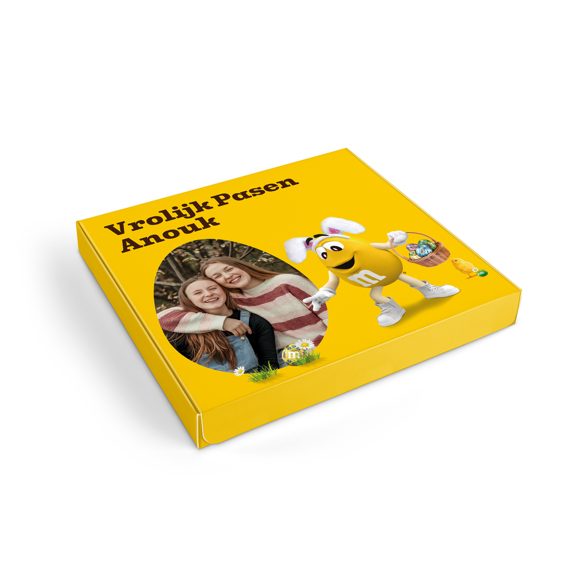 Gepersonaliseerde M&M's giftbox met twee foto's, paasthema en tekst 