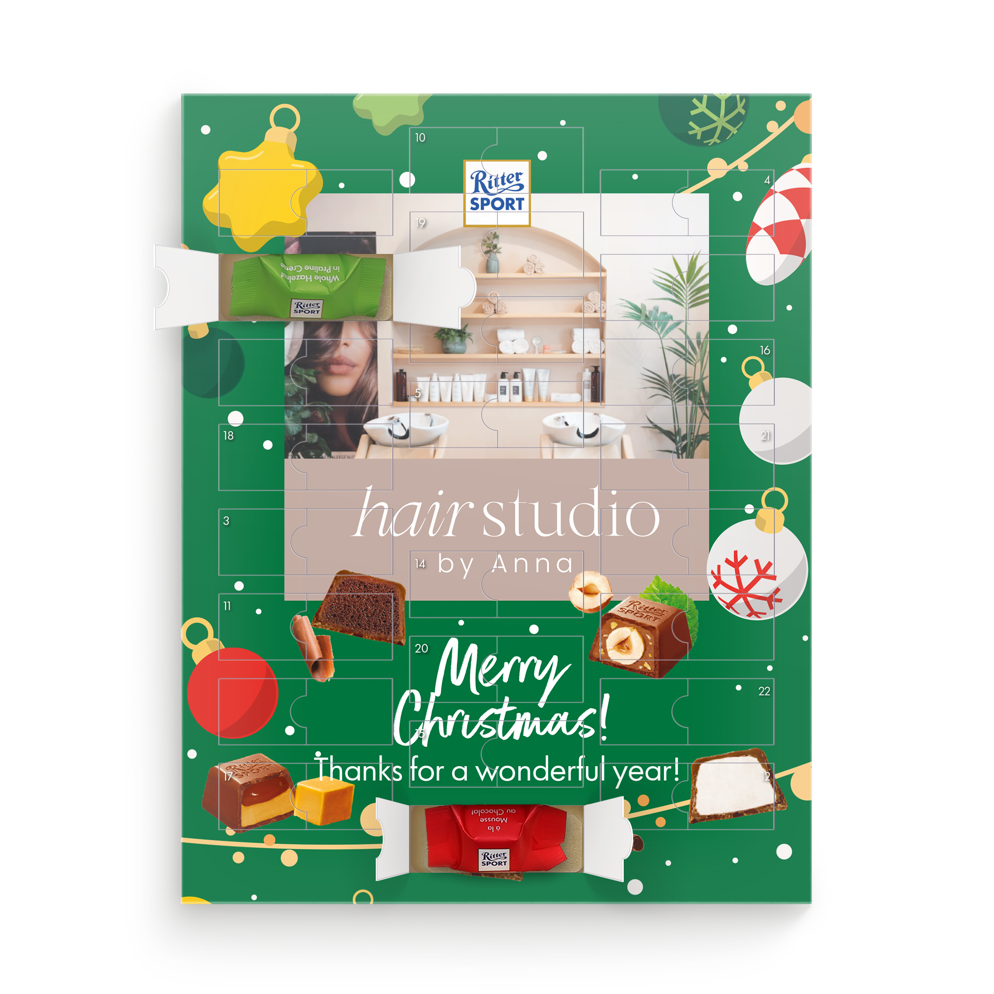 Personalised Ritter Sport Advent Calendar - Brand Design printed with a custom photo and text for a hair salon business gift