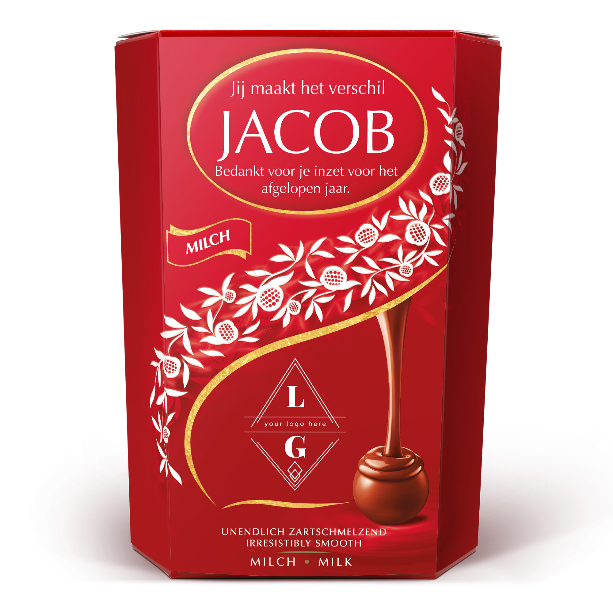 Gepersonaliseerde Lindt Chocolade Giftbox - Melk, rood, bedrukt met naam Jacob en eigen tekst.