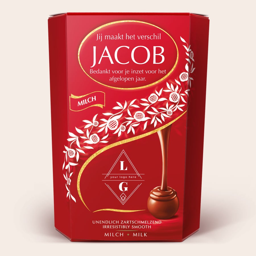 Lindt chocolade giftbox Gepersonaliseerde Lindt Chocolade Giftbox - Melk, rood, bedrukt met naam Jacob en eigen tekst.