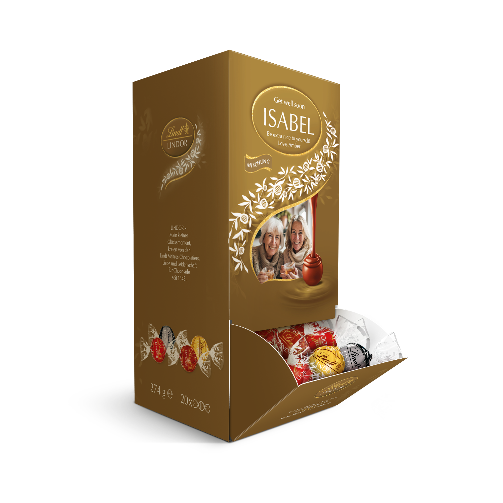 Személyre szabott Lindt csokoládé díszdoboz Isabel névvel, fotóval és üzenettel nyomtatva
