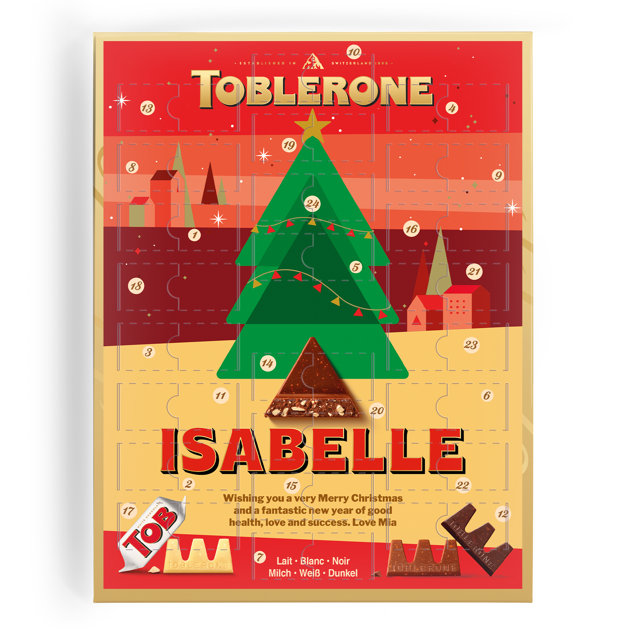 Calendario dellAvvento Toblerone personalizzato con una foto e un messaggio di auguri per il conto alla rovescia per il Natale