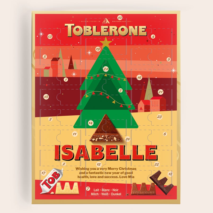 Personalizowany kalendarz Adwentowy Toblerone 2025 Kalendarz adwentowy z choinką i napisem ISABELLE z czekoladkami Toblerone, personalizowany imieniem i zdjęciem