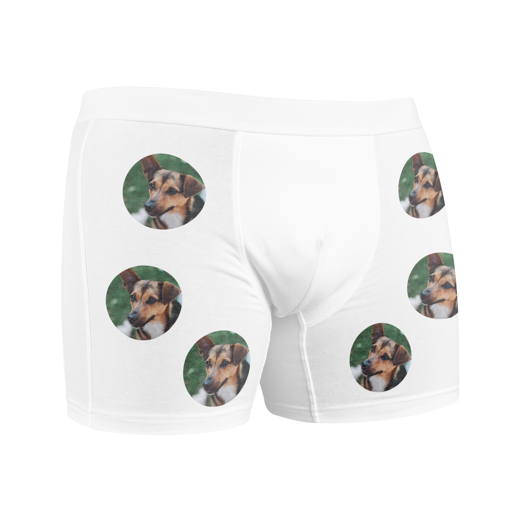 Boxers brancos masculinos impressos com várias fotos de um cão. Surpreenda alguém especial com uns divertidos boxers personalizados!
