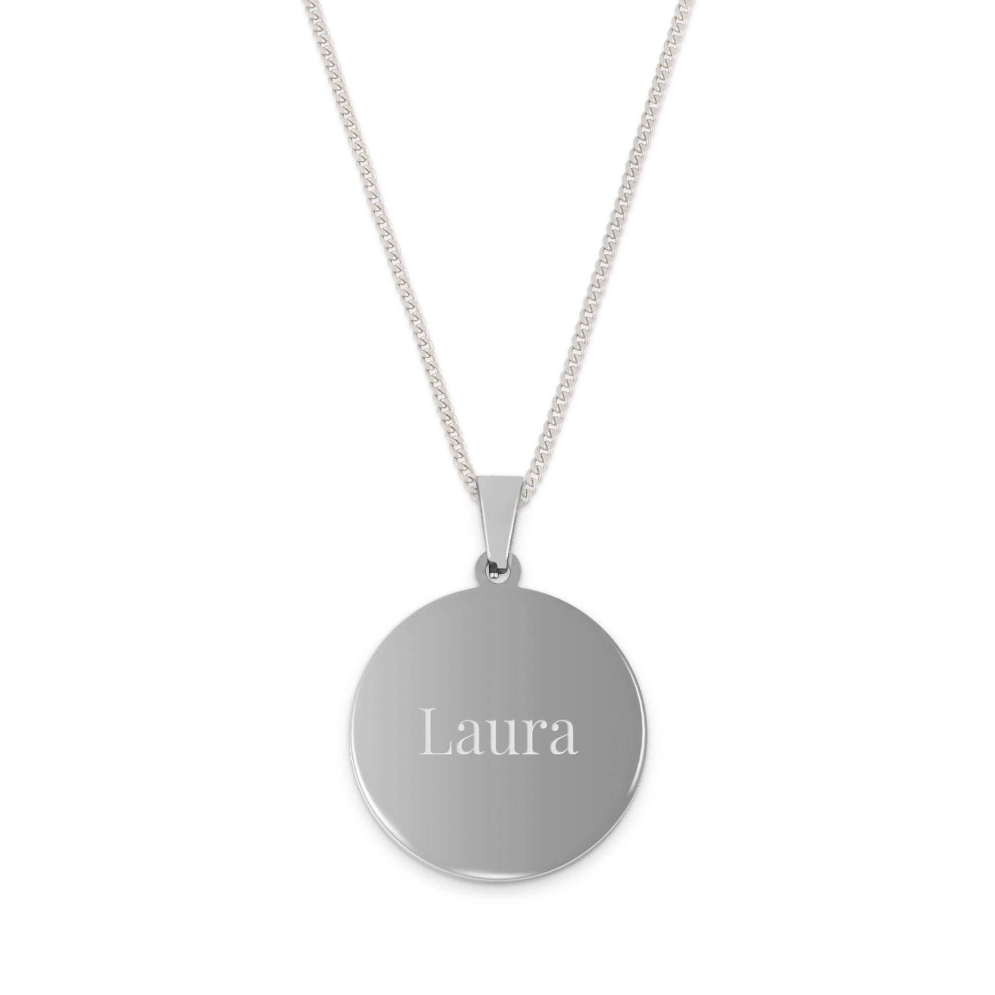 Necklace round pendant with text - Silver