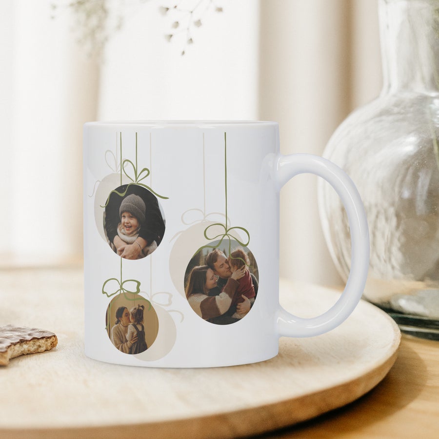 Personalised Mug - White Personalised Mug - White with three printed custom photo Christmas bauble designs