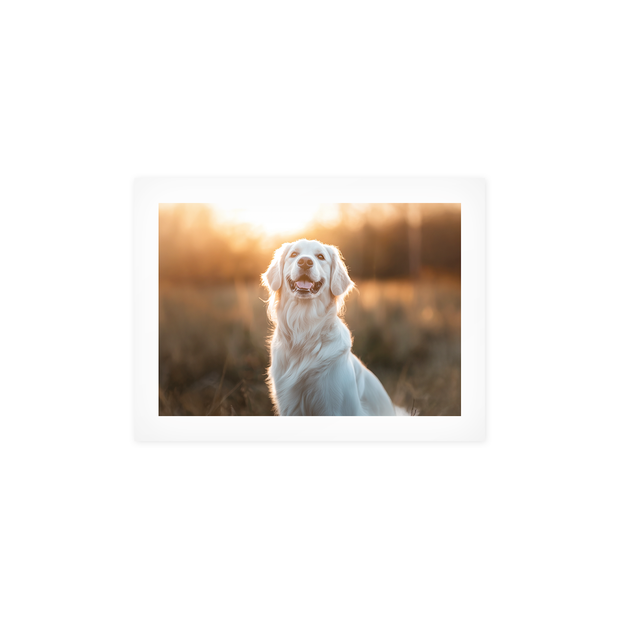 En personlig poster med en bild av en leende golden retriever i solnedgången, ett fint minne att föreviga.