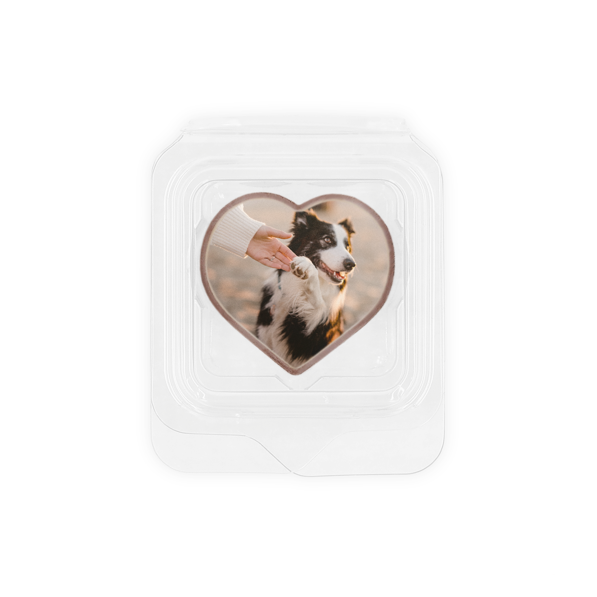 Chocolat personnalisé en forme de cœur imprimé avec la photo d'une personne et d'un chien