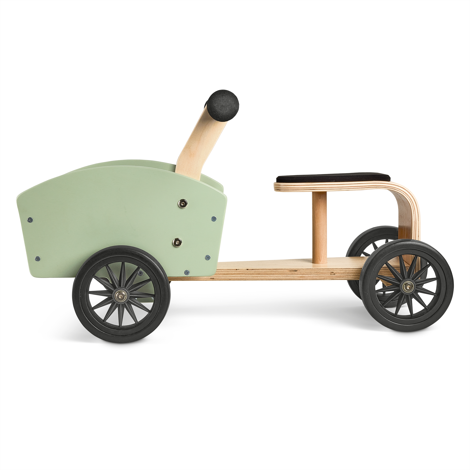 Personalized wooden cargo bike with a mint green front and black wheels for kids to ride with a custom name.