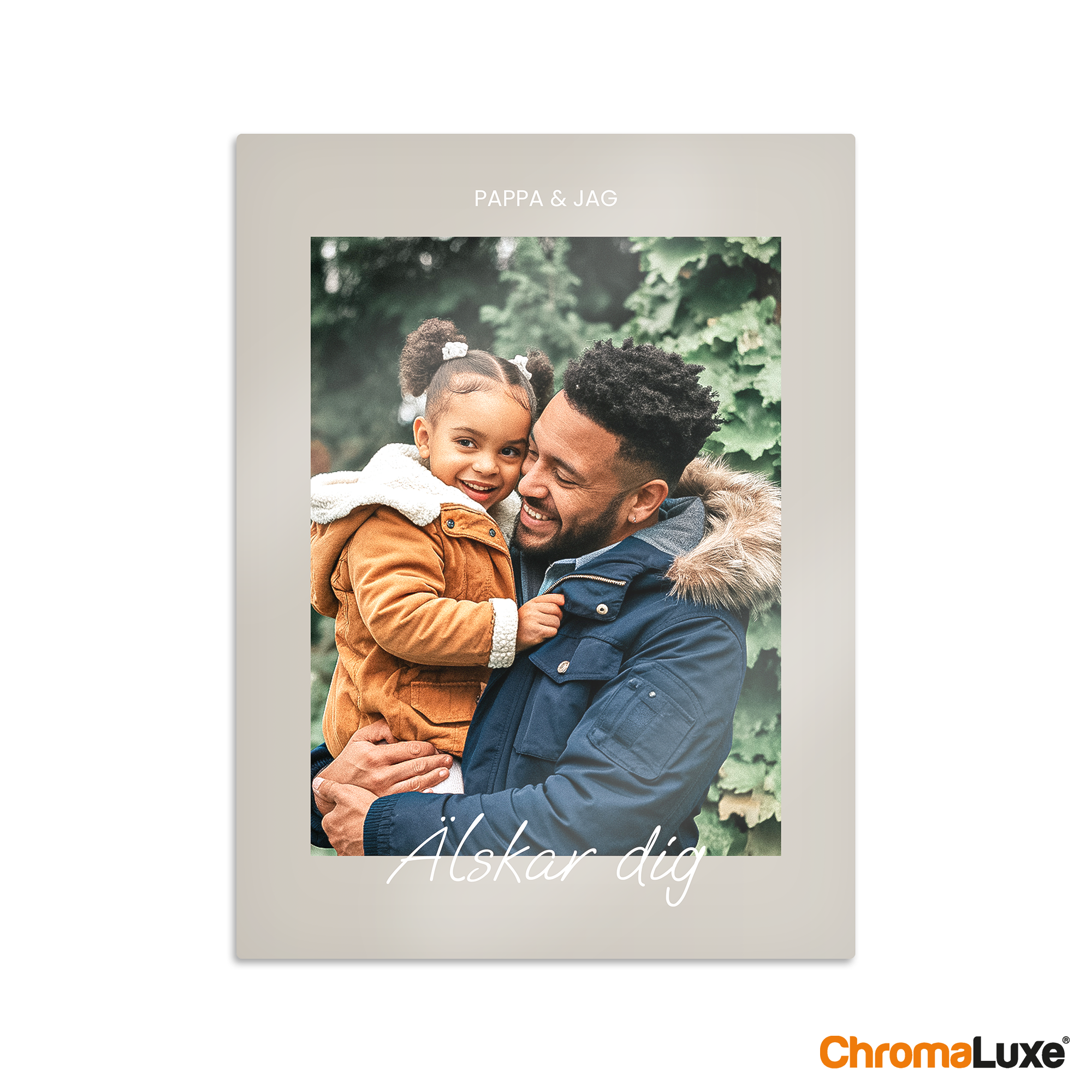 Aluminium Instagram fotokollage med foto av pappa och dotter, texten "PAPPA & JAG" och "Älskar dig" printed