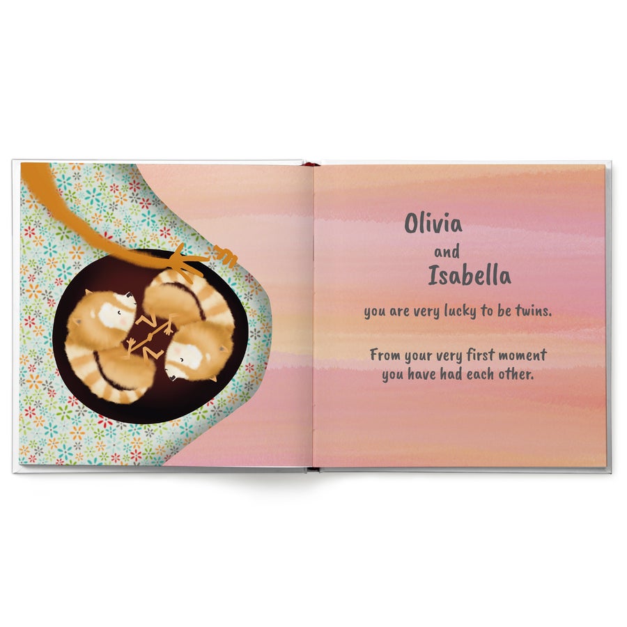 Personalised book - Twins or Triplets Personalized storybook celebrating the birth of twins, printed with the names Olivia and Isabella and red panda illustrations.