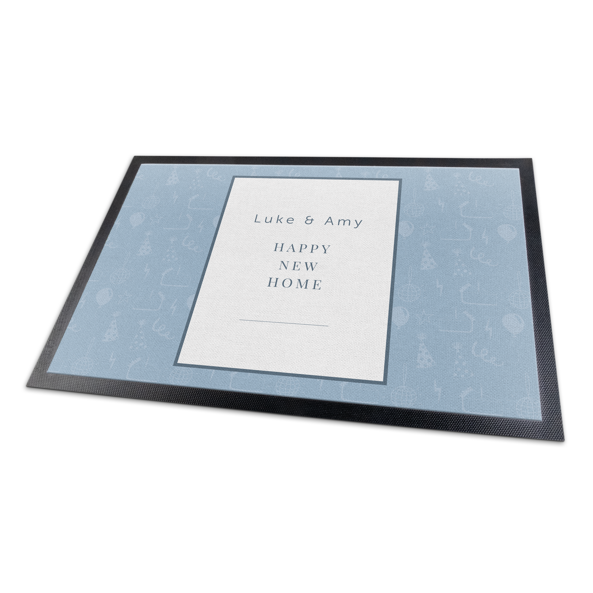 Paillasson personnalisé bleu avec les noms Luke et Amy et le message Happy New Home, imprimé avec photo et texte.