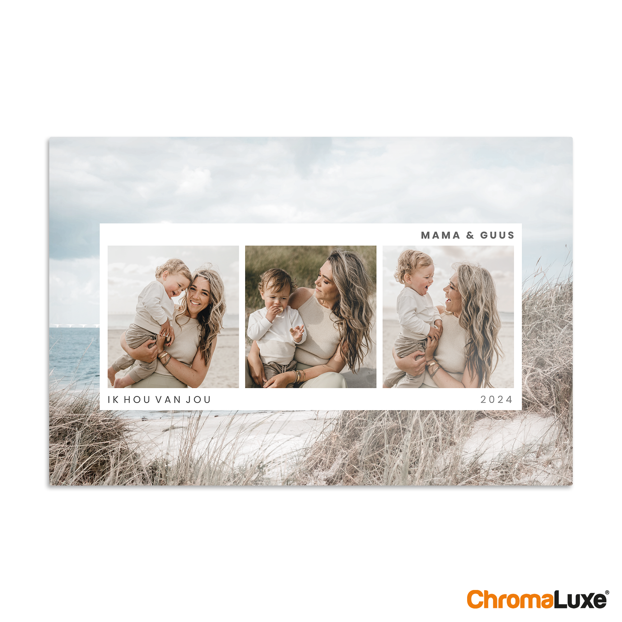ChromaLuxe aluminium fotopaneel, bedrukt met collage van moeder en kind en de tekst "MAMA & GUUS", "IK HOU VAN JOU" en "2024"