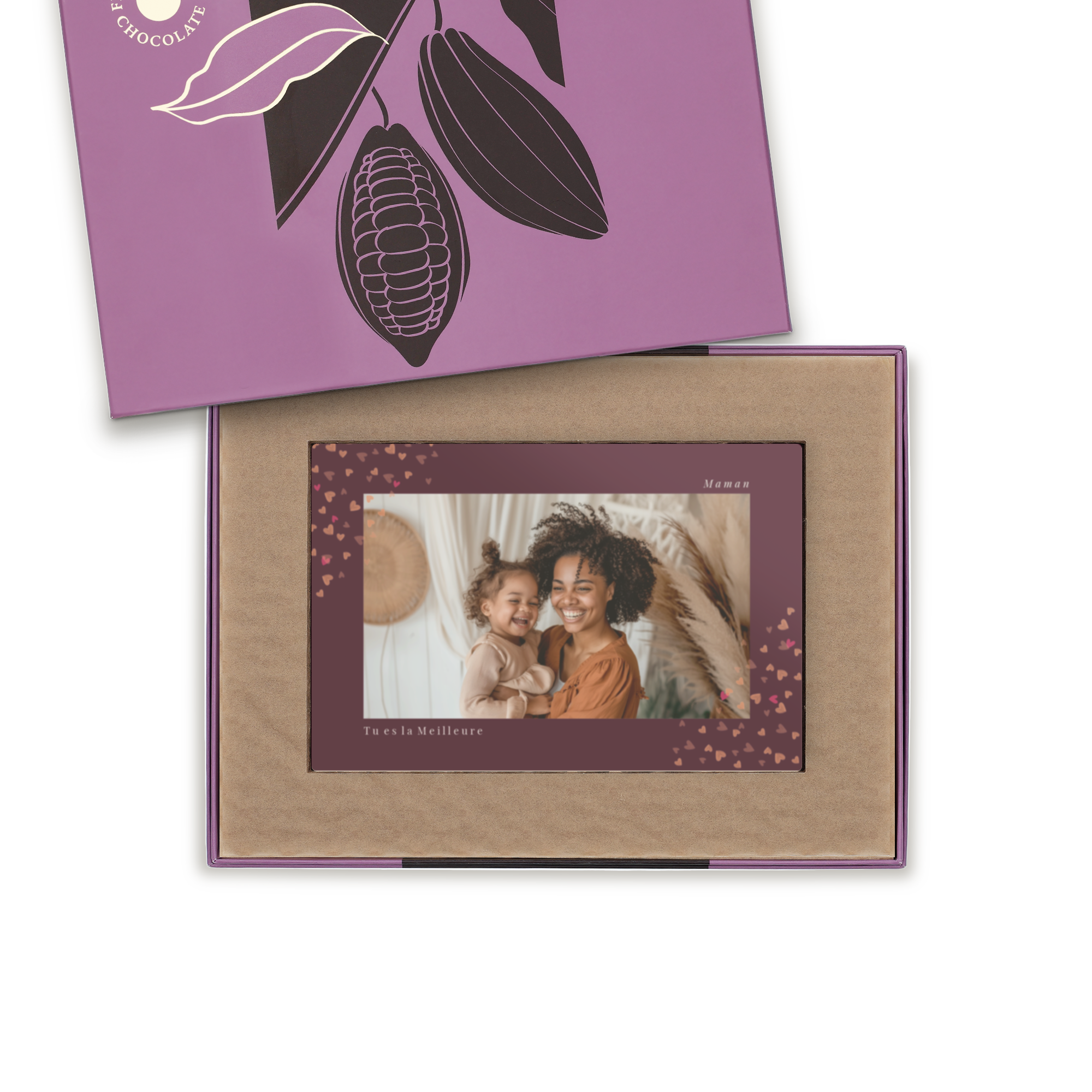 Une carte photo en chocolat personnalisée avec une photo d'une mère et son enfant, et le texte "Maman Tu es la Meilleure"