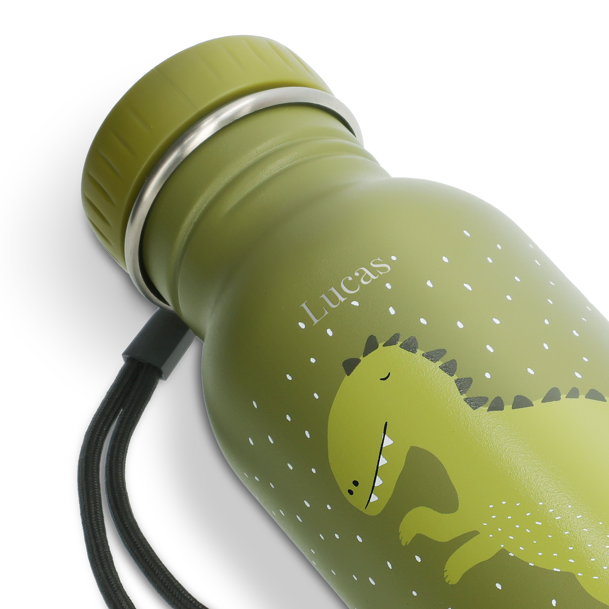 Bouteille d'eau Trixie verte avec motif dinosaure et le nom Lucas gravé au laser