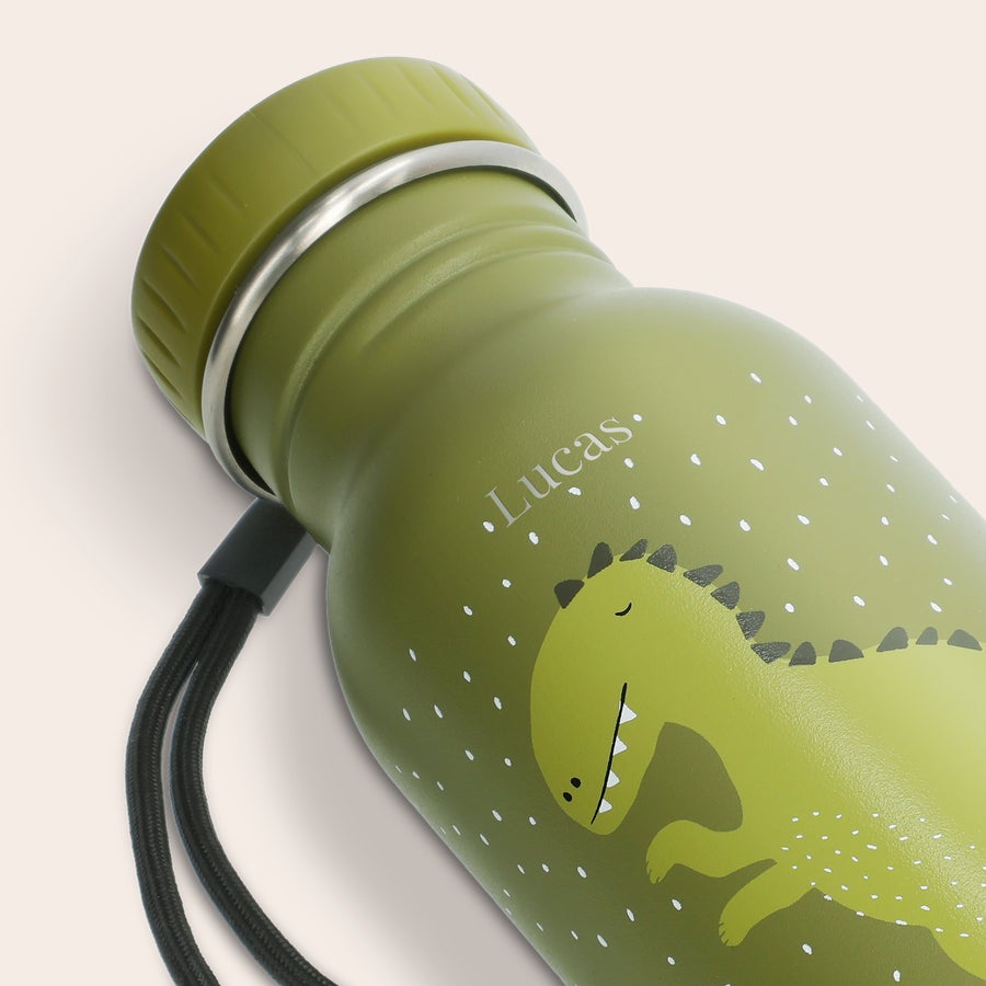 Trixie drinkfles met naam Groene Trixie dieren drinkfles met een dinosaurus erop, gepersonaliseerd met de naam 'Lucas' ernaast.