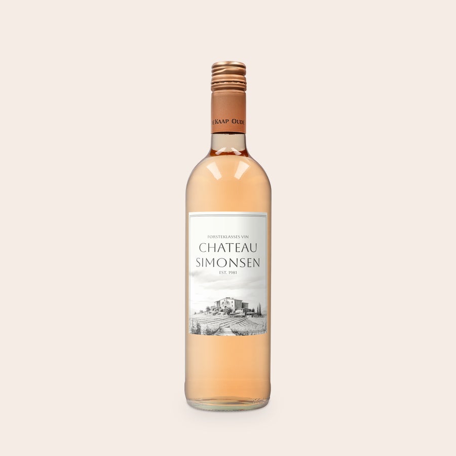 Rosévin med personlig etikette - Oude Kaap Rosé Flaske Oude Kaap rosé med etiket tilpasset med billede og teksten Chateau Simonsen