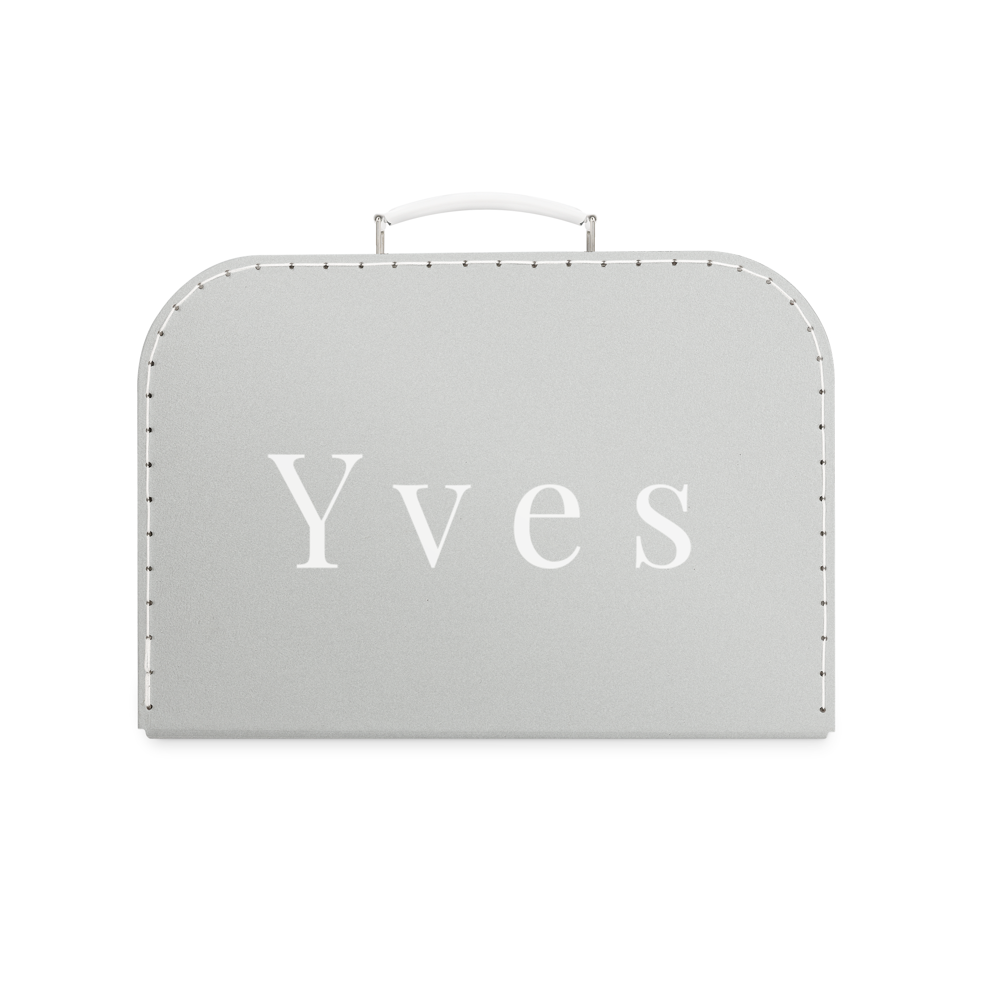 Valisette enfant grise personnalisée avec le prénom Yves, un cadeau idéal pour ranger les affaires et souvenirs.