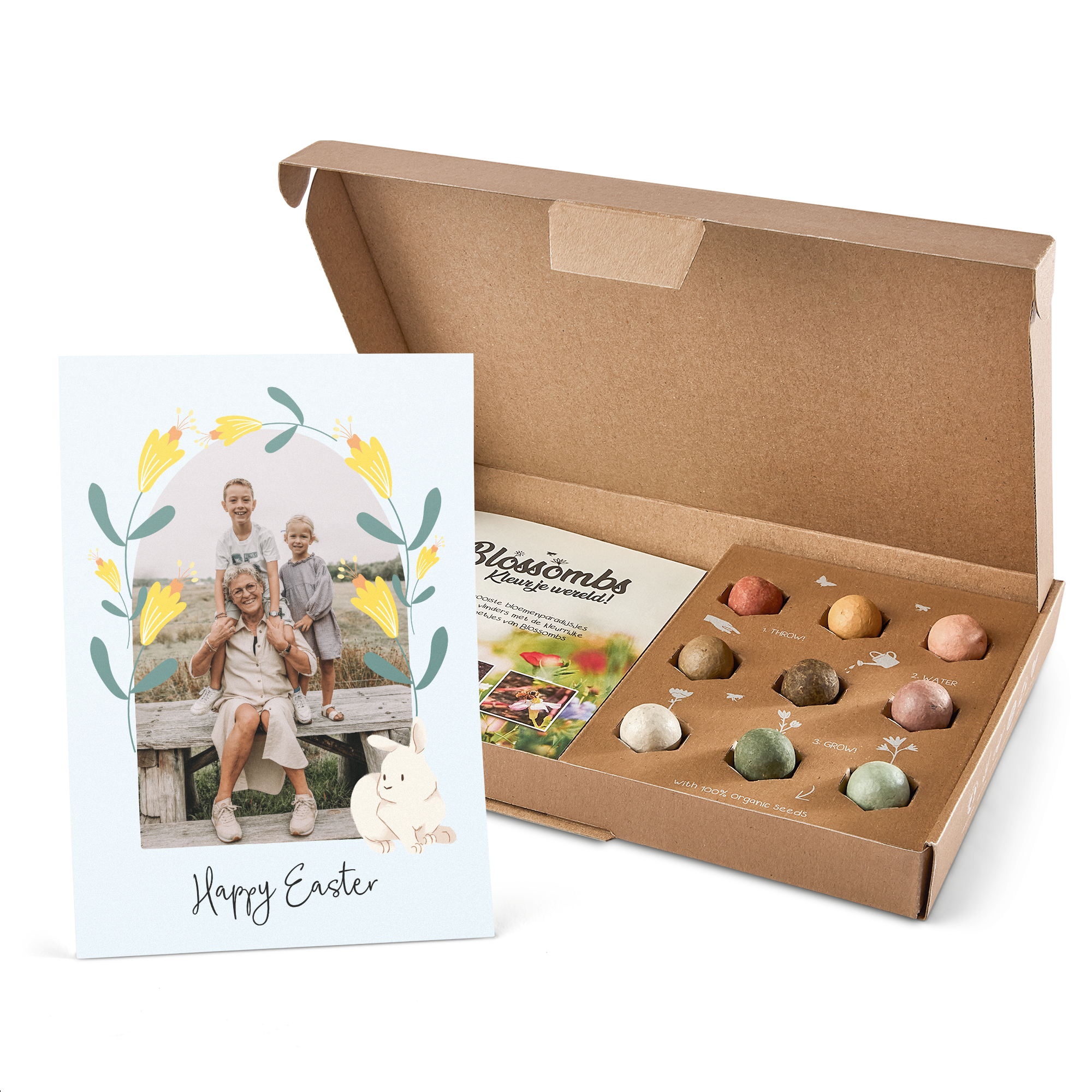 Caixa personalizada com foto impressa de belas bombas de sementes de flores silvestres e cartão Happy Easter.