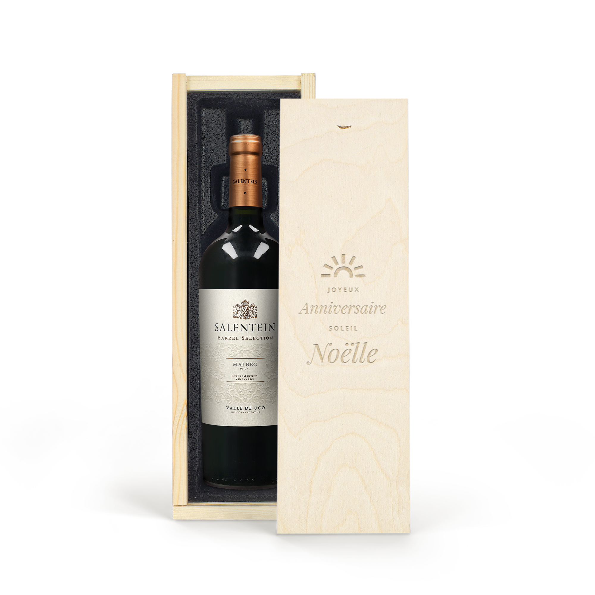 Bouteille de vin Salentein Malbec dans un coffret en bois gravé Joyeux Anniversaire avec le prénom Noëlle