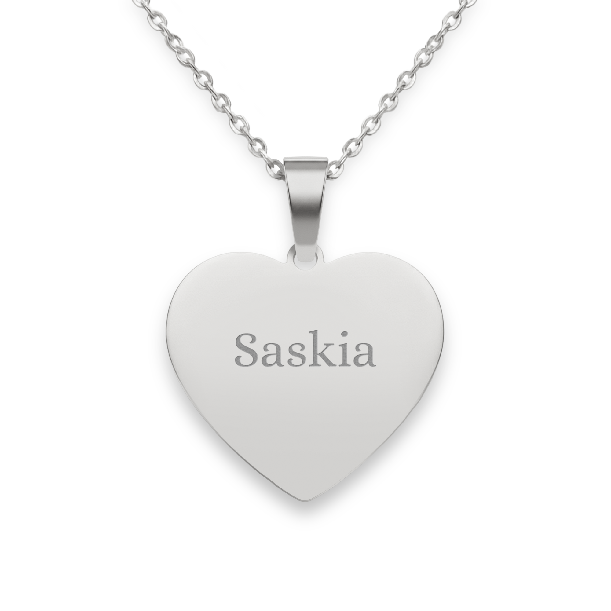 Silberne Herz-Halskette mit Namen Saskia, persönlich graviert für ein einzigartiges Geschenk.