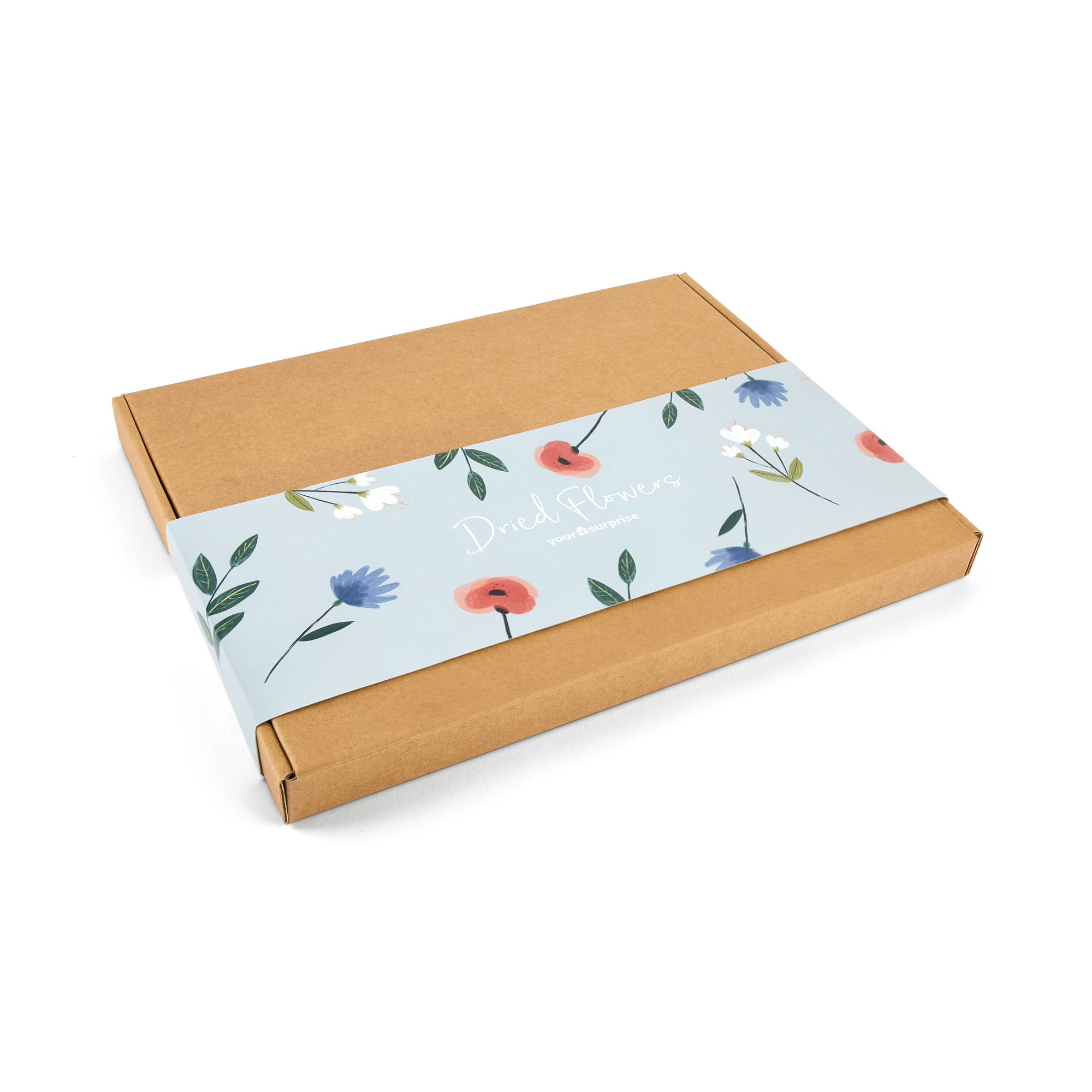 Bruine kartonnen doos met een wikkel met illustraties van bloemen en "Dried Flowers" erop.