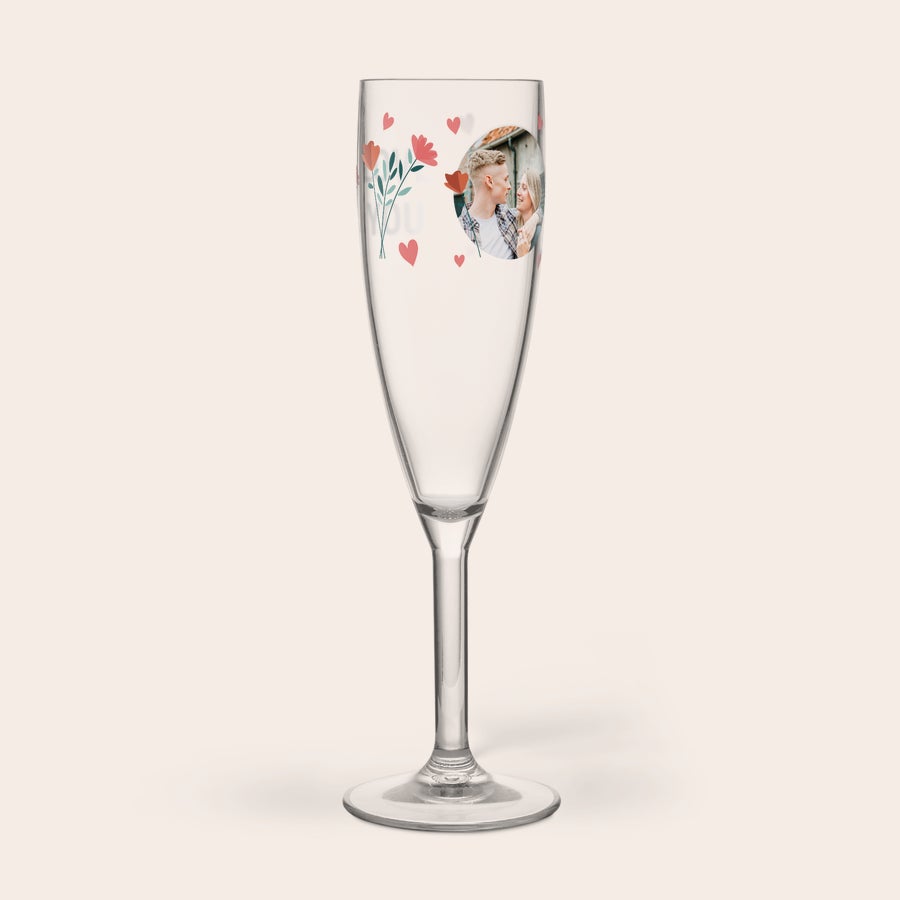 Calice per Champagne in Plastica - Stampato Calice per champagne in plastica personalizzato con foto di coppia e disegni floreali colorati, stampato con tecnologia UV