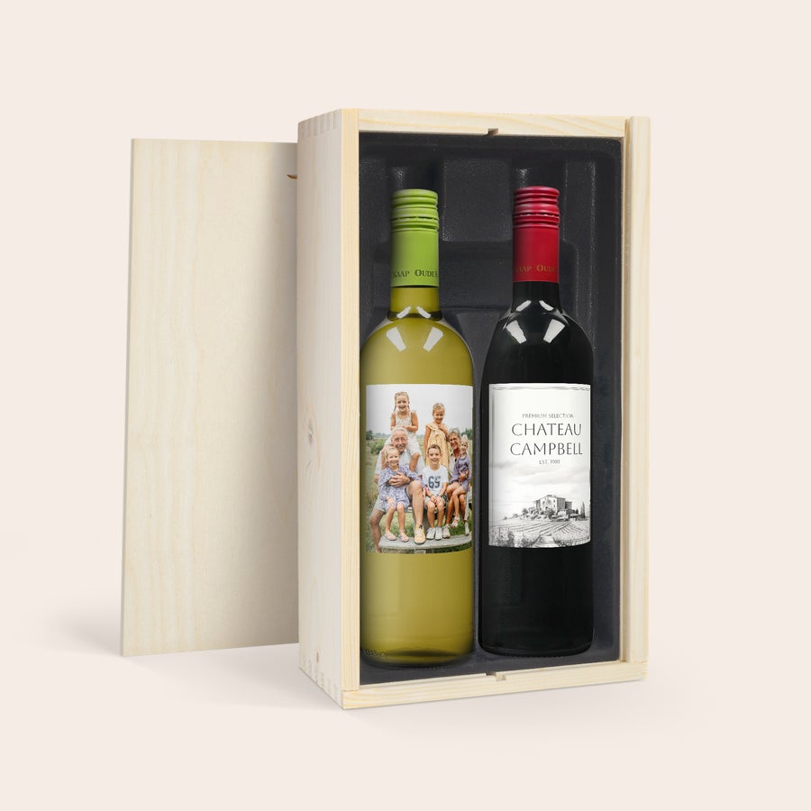 Personalised Wine Gift Set - Oude Kaap Two bottles of oude kaap wine, one white and one red, in a wooden gift box. The white wine has a personalized label with a family photo.