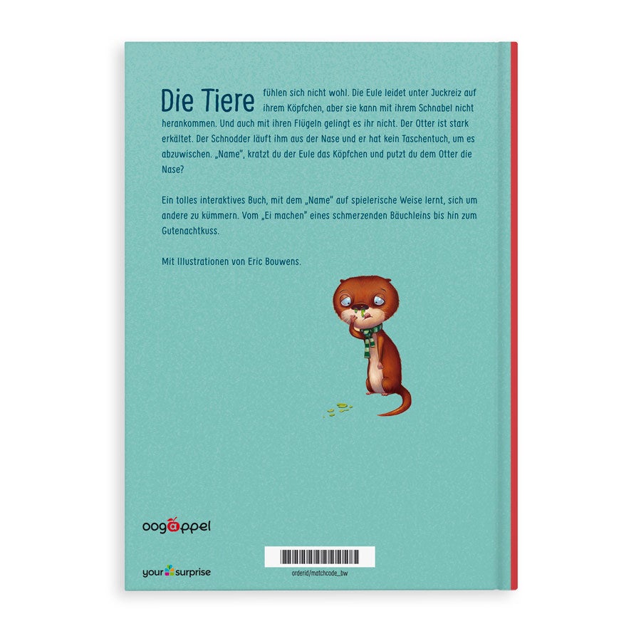 Rückseite des personalisierten Kinderbuchs "Der große Tierliebhaber" mit Text und Illustration eines kranken Otters.