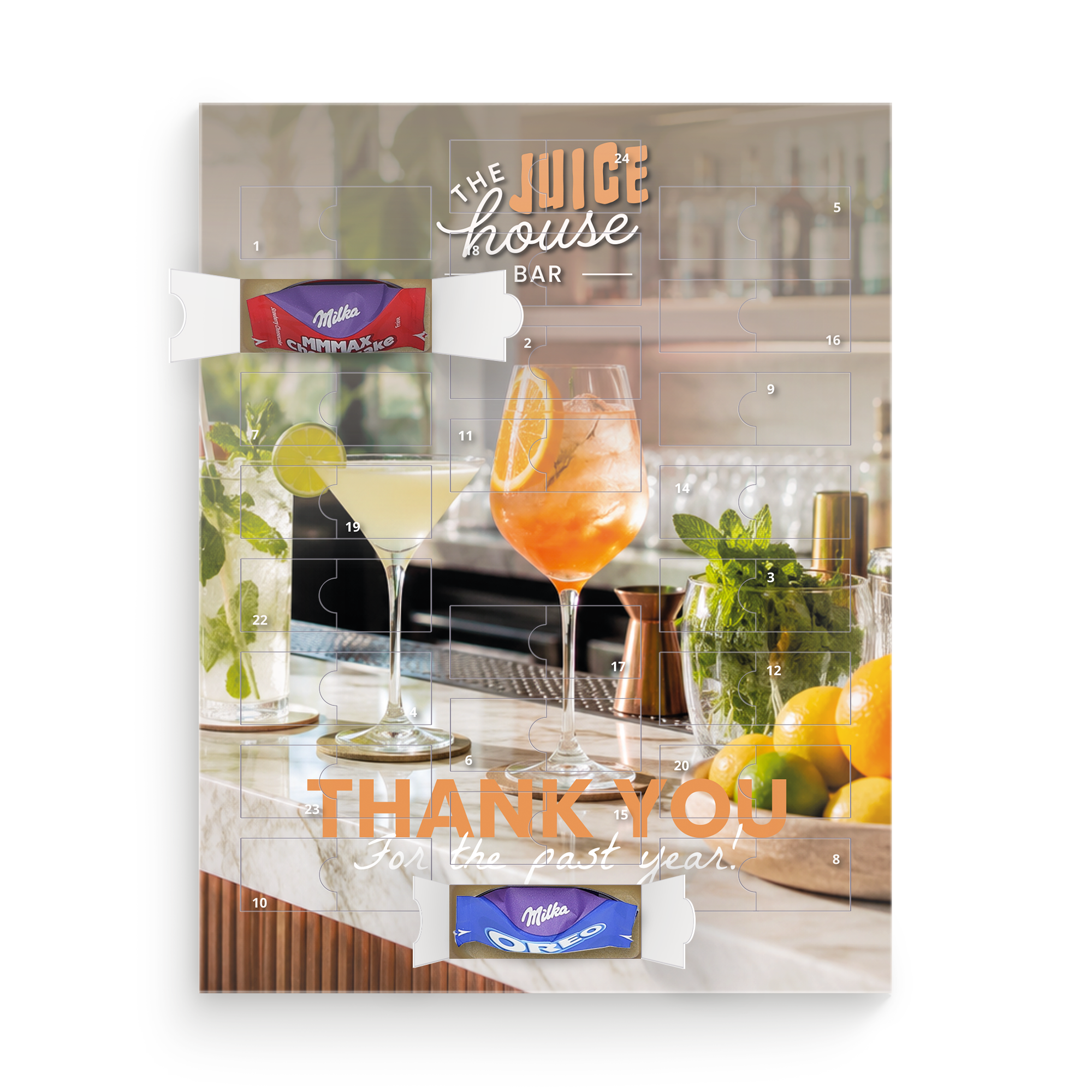 Personalized Milka Favourites advent calendar with a custom photo and text Thank You For the past year.