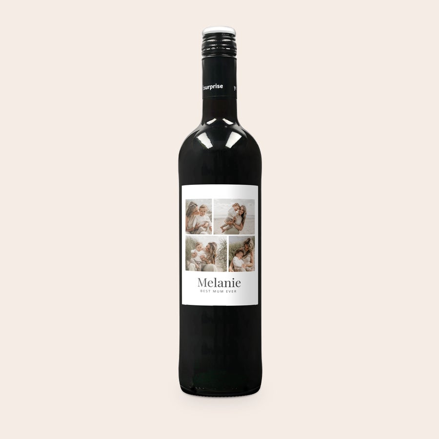 Maison de la Surprise Merlot Sticlă de vin Luc Pirlet cu etichetă personalizată imprimată cu fotografii și numele Melanie, cadou.