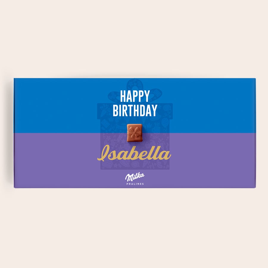 Milka Pralines Fødselsdag Ønsk tillykke med en personlig Milka chokolade gaveæske med Happy Birthday og navn Isabella