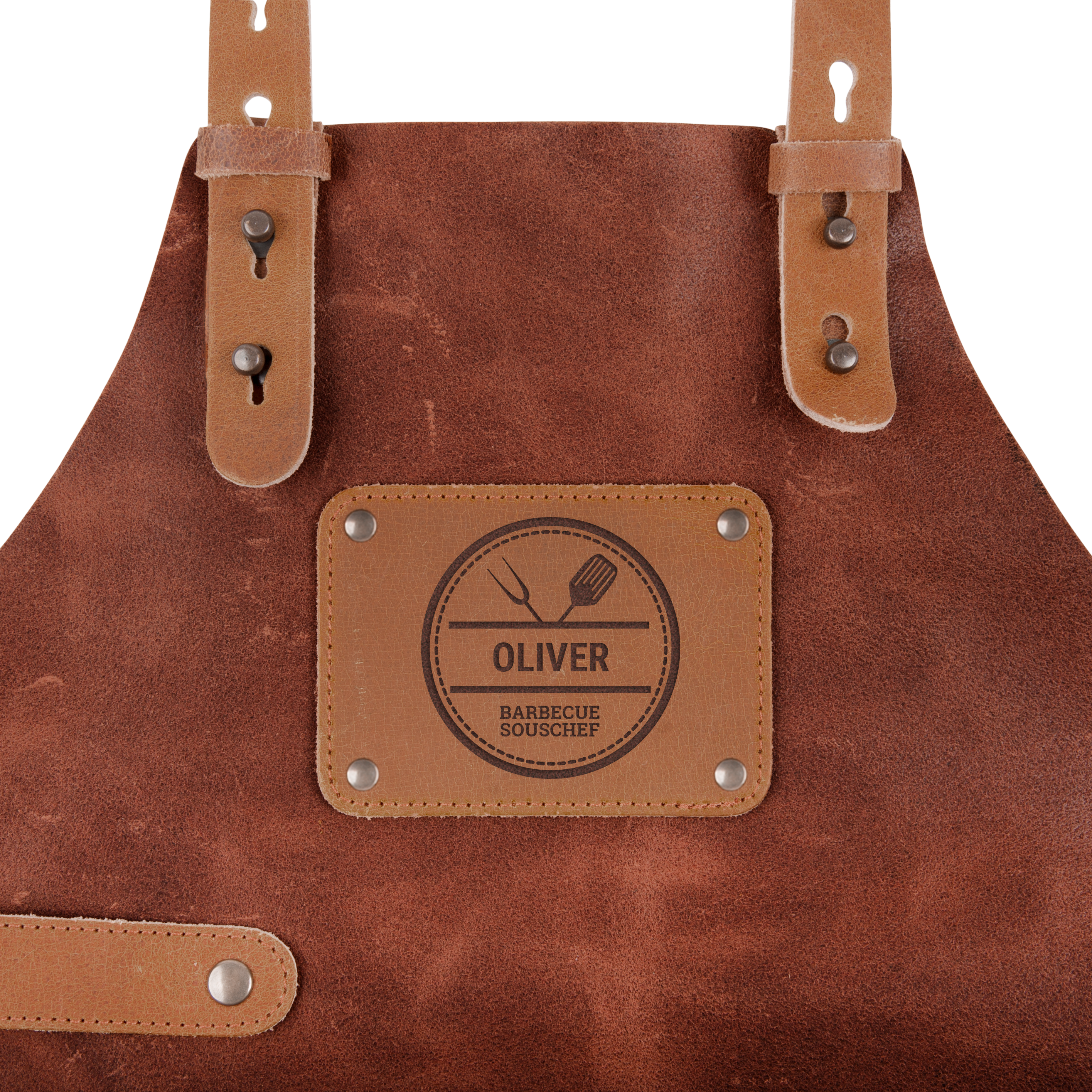 Tablier de cuisine en cuir marron personnalisé avec le prénom Oliver gravé