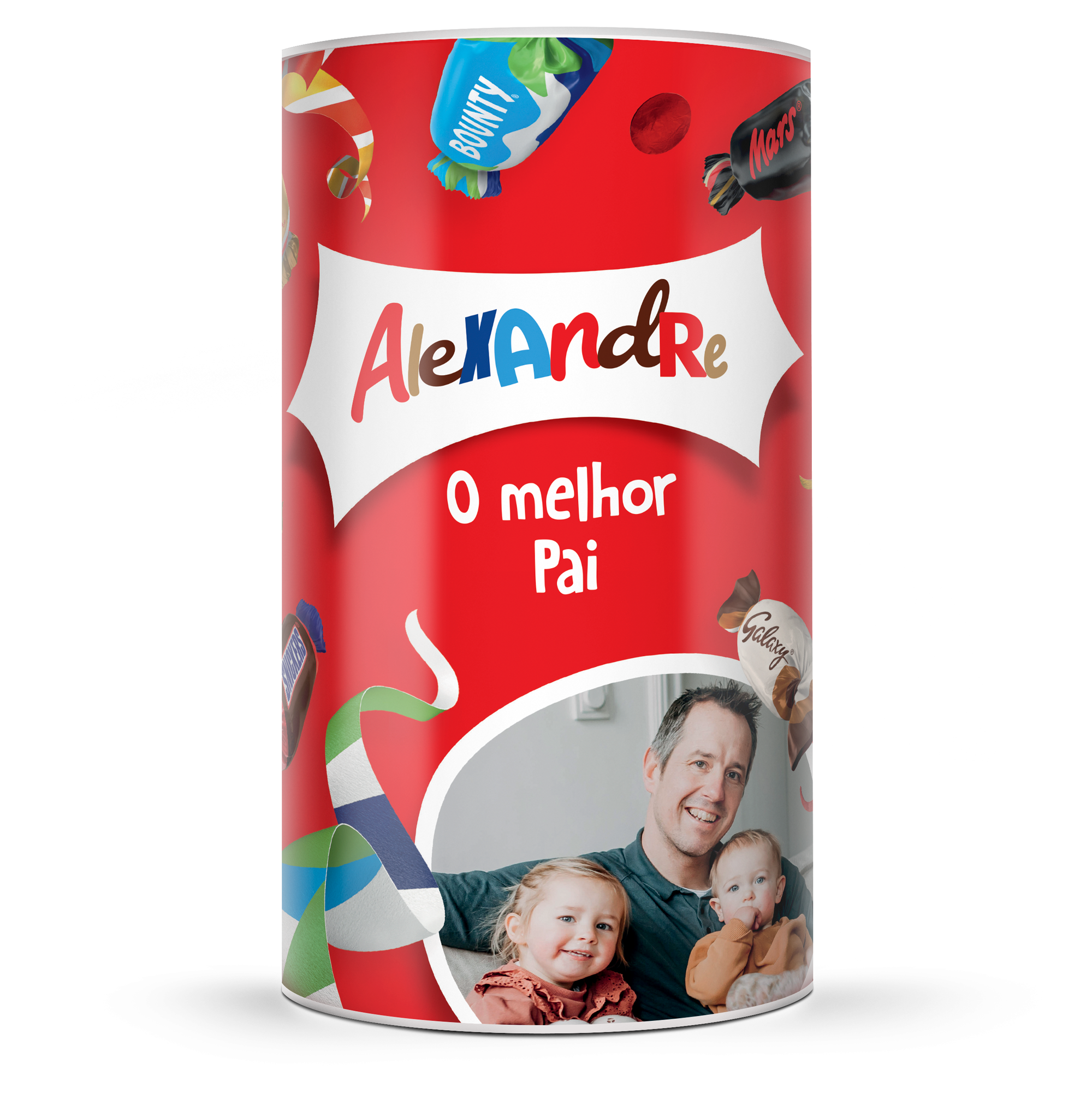 Tubo cheio de chocolates Celebrations personalizado com foto, nome e a frase O Melhor Pai