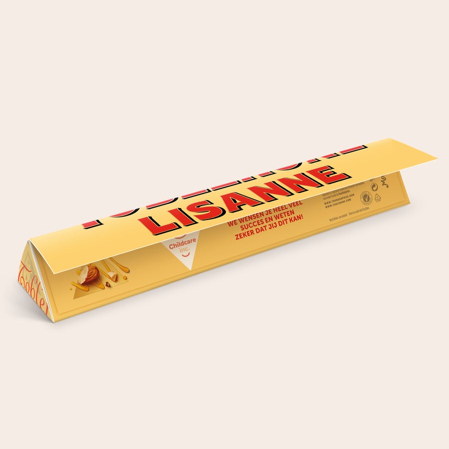 Toblerone met naam Toblerone reep met naam en foto - 100 gram, gepersonaliseerd met 'Lisannee' en een bemoedigende tekst.