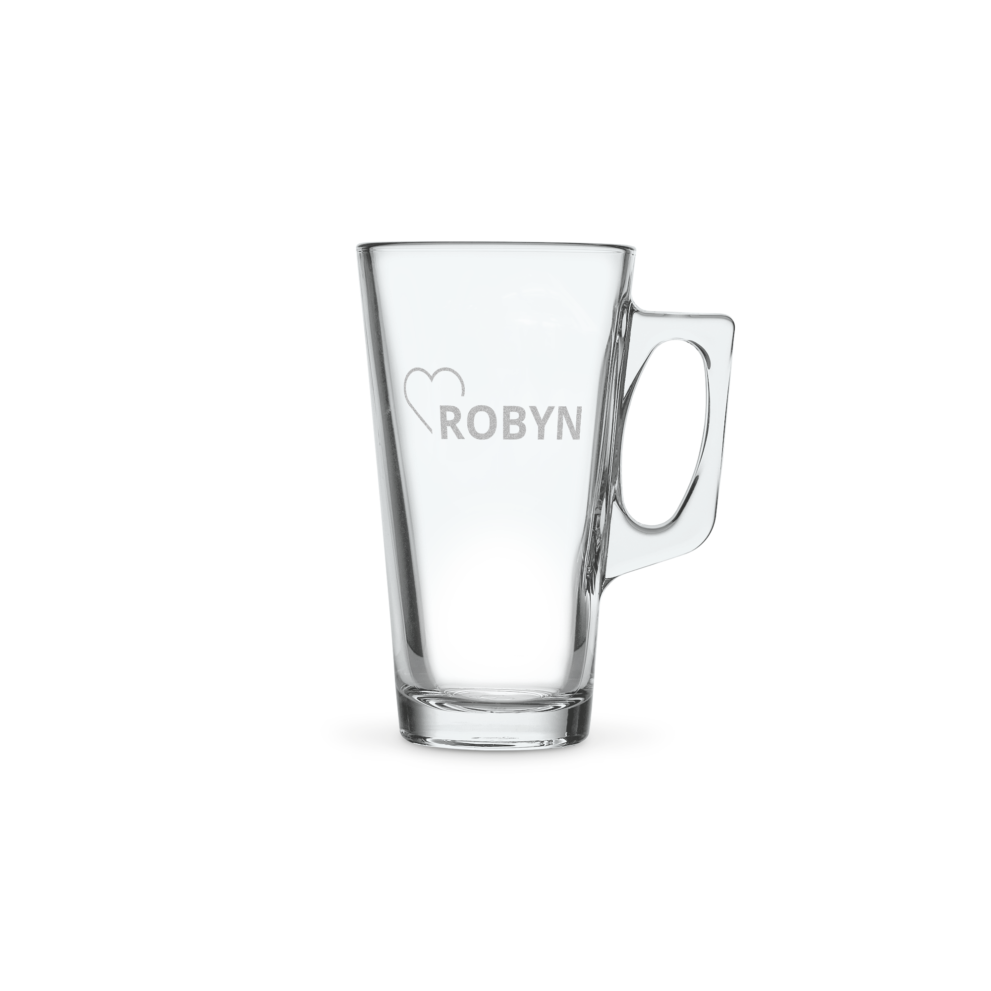 Caneca de café personalizada em vidro transparente, gravada com coração e nome ROBYN, para desfrutar de um delicioso latte macchiato.