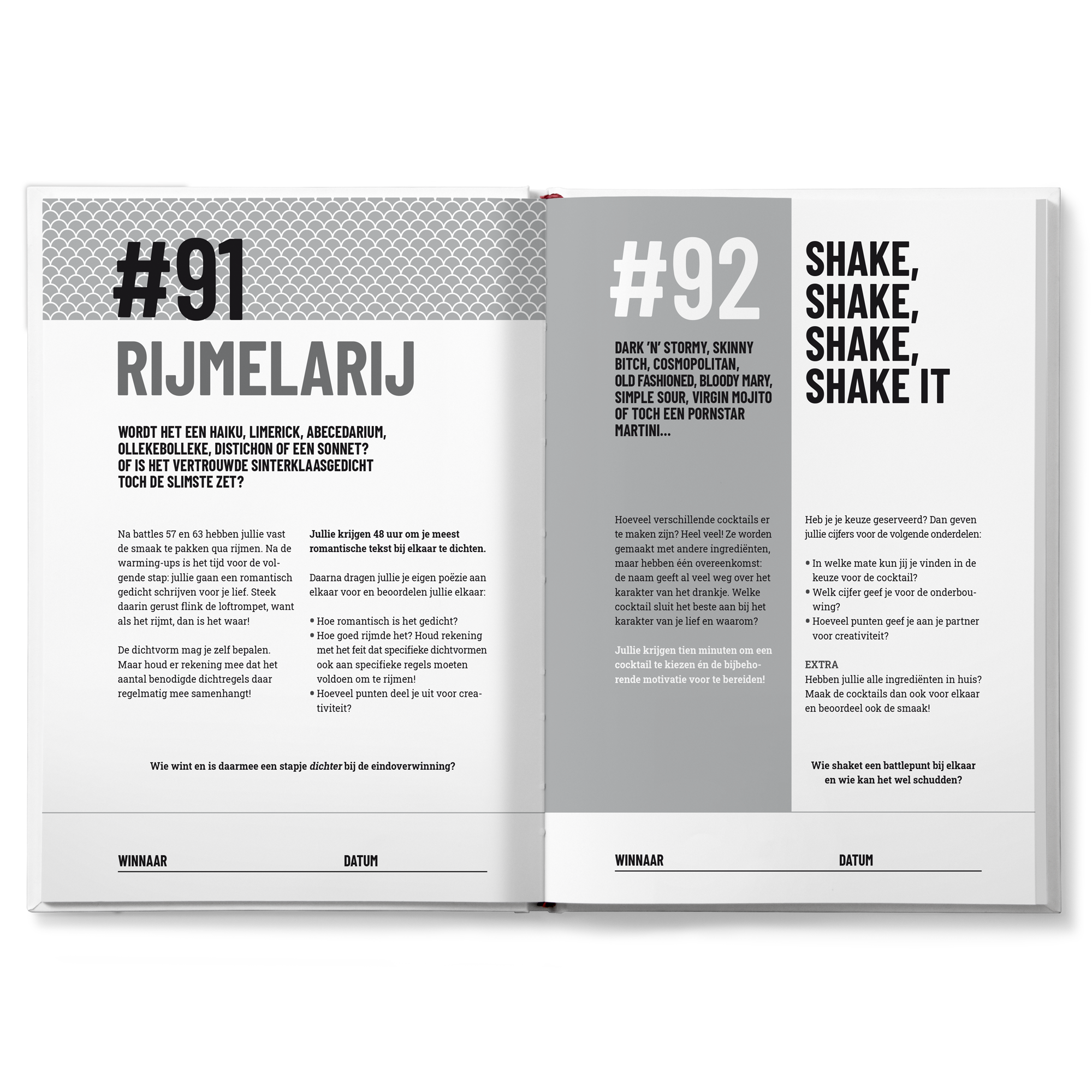 Open persoonlijk Battle boek voor koppels met de opdruk "Rijmelarij" en "Shake, Shake, Shake it", met ruimte voor namen en datums.