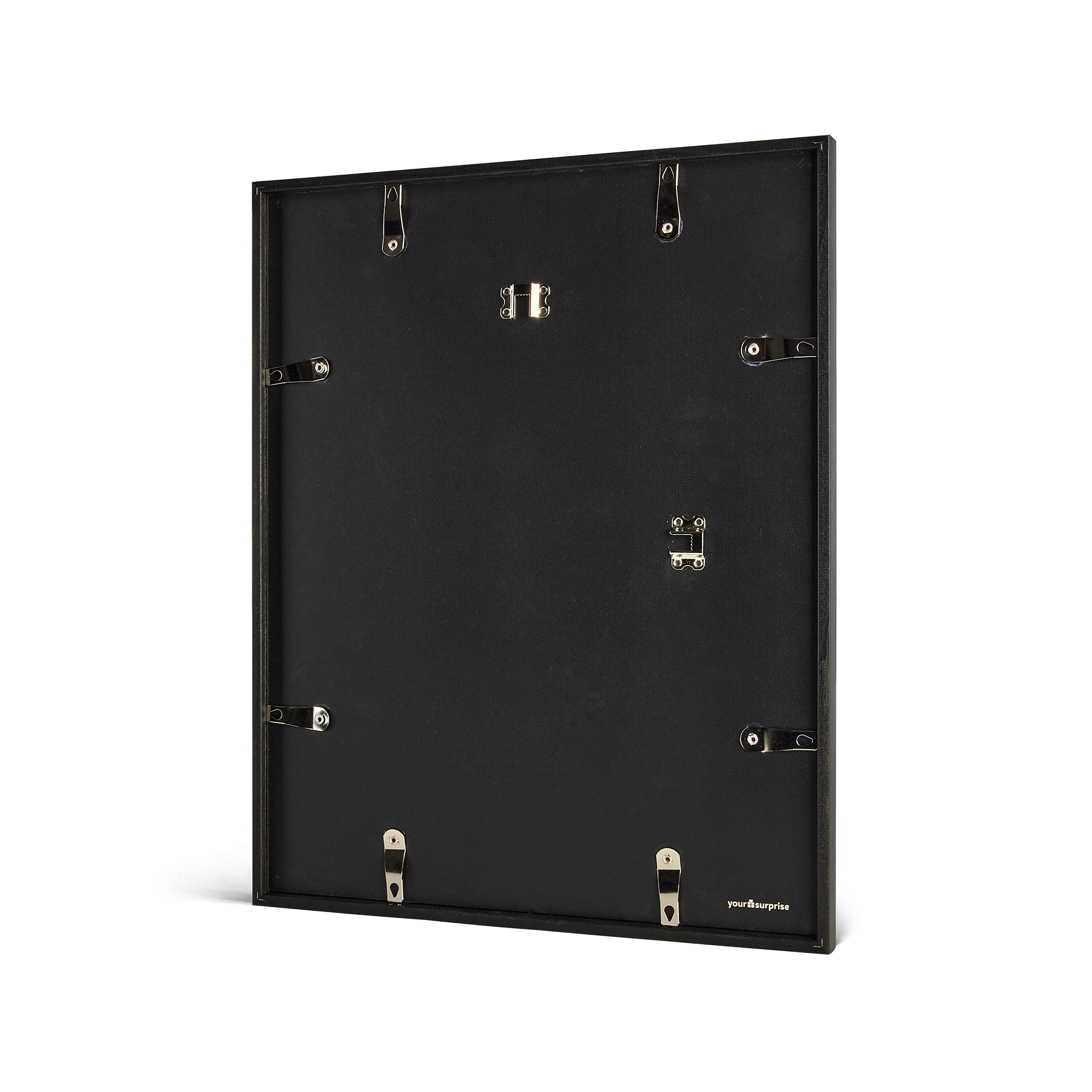 Back of a black wooden frame for a personalized photo print to hang on your wall.